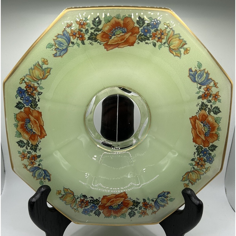 Frosted Candy Dish Vintage Footed Reverse Painted Green Glass Gold Trim Pedestal